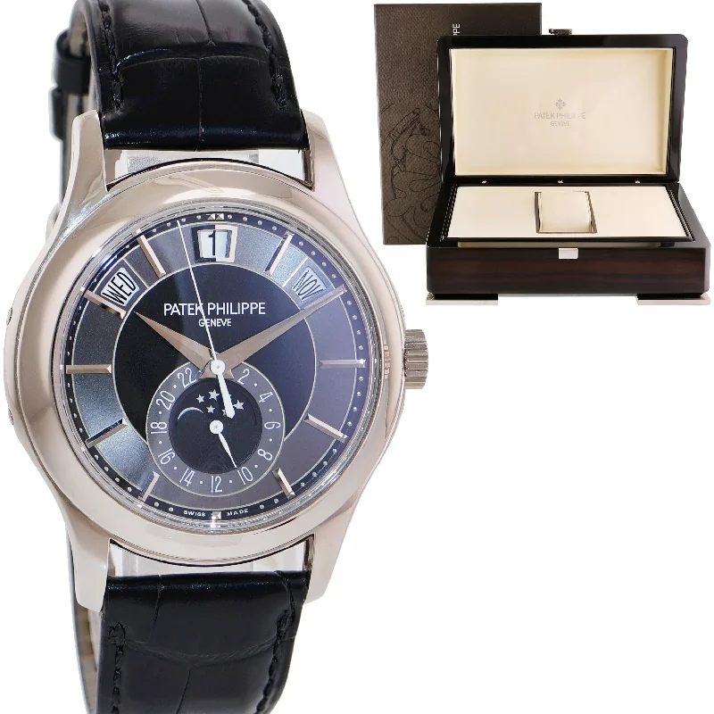 Classic Watches for Men with Leather Strap-Patek Philippe 5205G White Gold Calatrava Clasp Annual Calendar Moon Black Watch