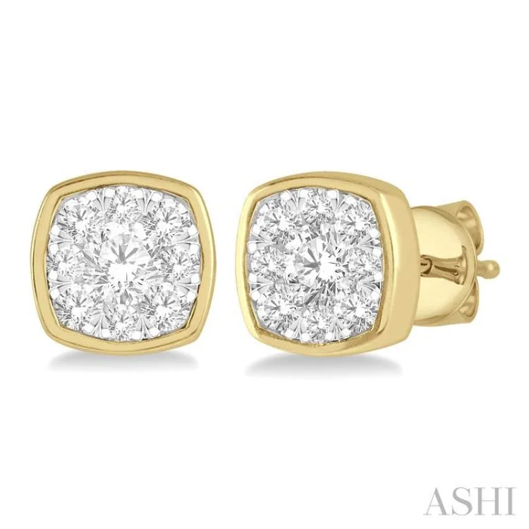 Statement Earrings for Special Occasions-1/3 ctw Cushion Shape Round Cut Diamond Lovebright Bezel Stud Earring in 14K Yellow and White Gold