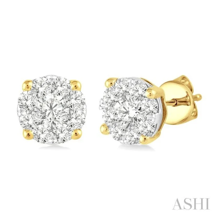 Statement Earrings for Special Occasions-1 Ctw Lovebright Round Cut Diamond Stud Earrings in 14K Yellow and White Gold