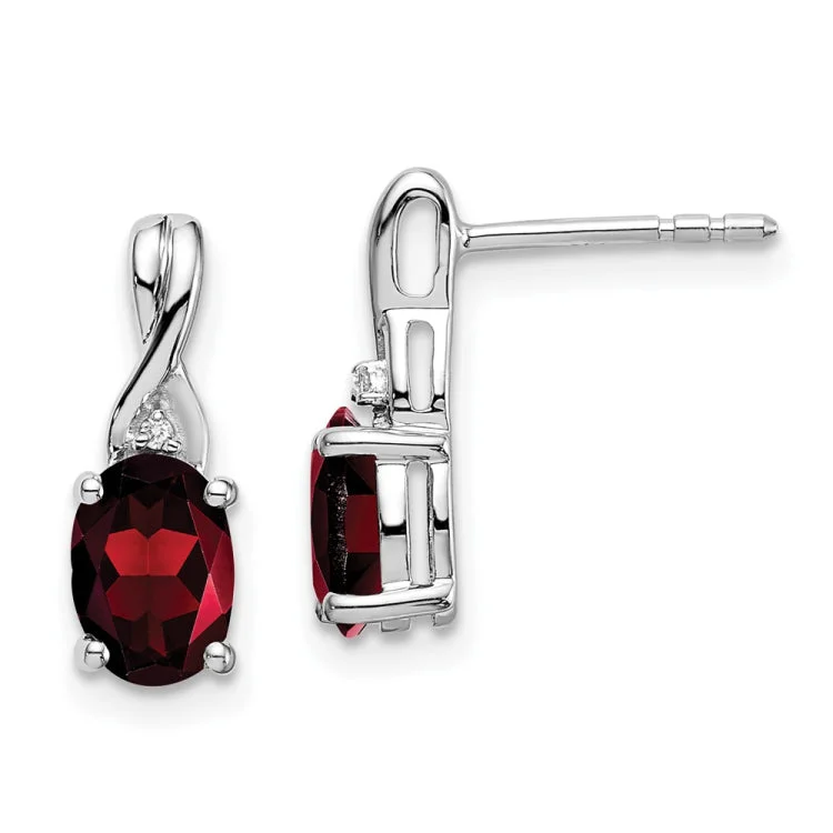 Luxury Stud Earrings for Women-14k White Gold Oval Garnet and Diamond Earrings