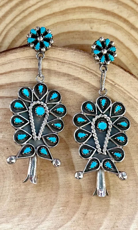 Casual Earrings for Summer Looks-STAR FLOWER Sterling Silver & Turquoise Dangle Stud Earrings Native Made, 14g