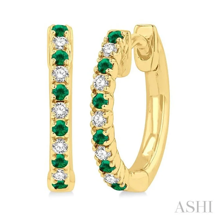 Unique Gem Earrings for Trendsetters-1/10 ctw Petite 1.35MM Emerald and Round Cut Diamond Precious Fashion Huggies in 10K Yellow Gold