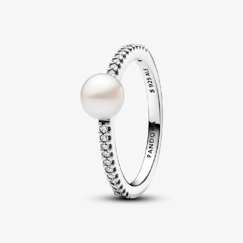 Designer Wedding Ring Set for Couples-PANDORA : Treated Freshwater Cultured Pearl & Pavé Ring - Sterling Silver