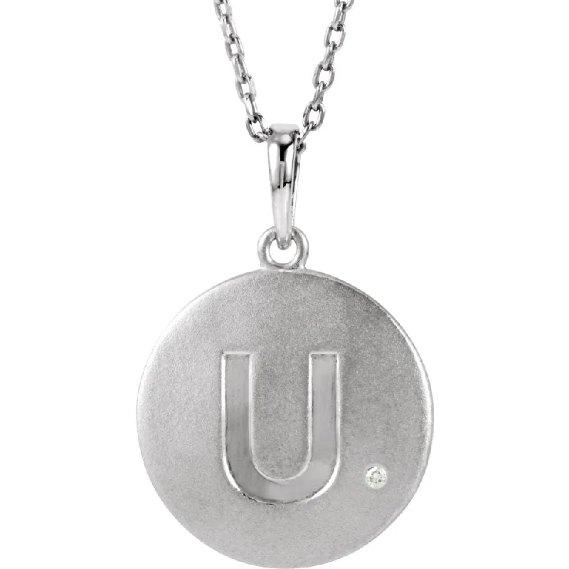 Birthstone Necklace for Family-The Emma Sterling Silver Diamond Block Initial U Disc Necklace, 18 In.