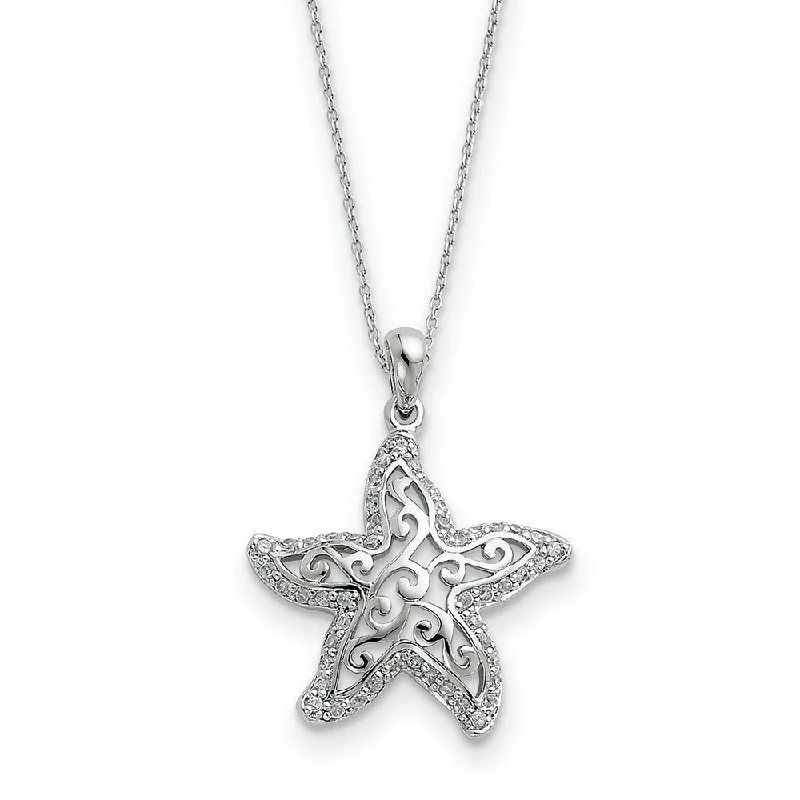 Bohemian Necklace for Beach Wear-Rhodium Sterling Silver & CZ Make a Difference Starfish Necklace, 18in