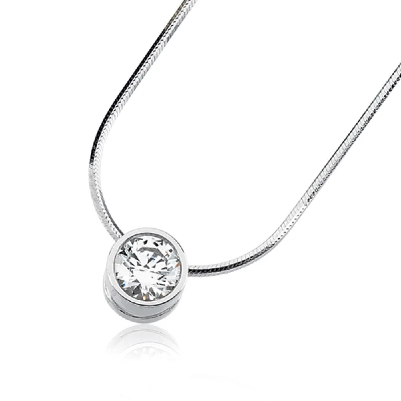 Simple Pendant Necklace for Day Wear-Cubic Zirconia and White Gold Solitaire Slide in 14k White Gold