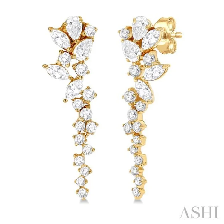 Pearl Earrings for Weddings-1 ctw Mixed Shape Diamond Scatter Fashion Long Earring in 14K Yellow Gold