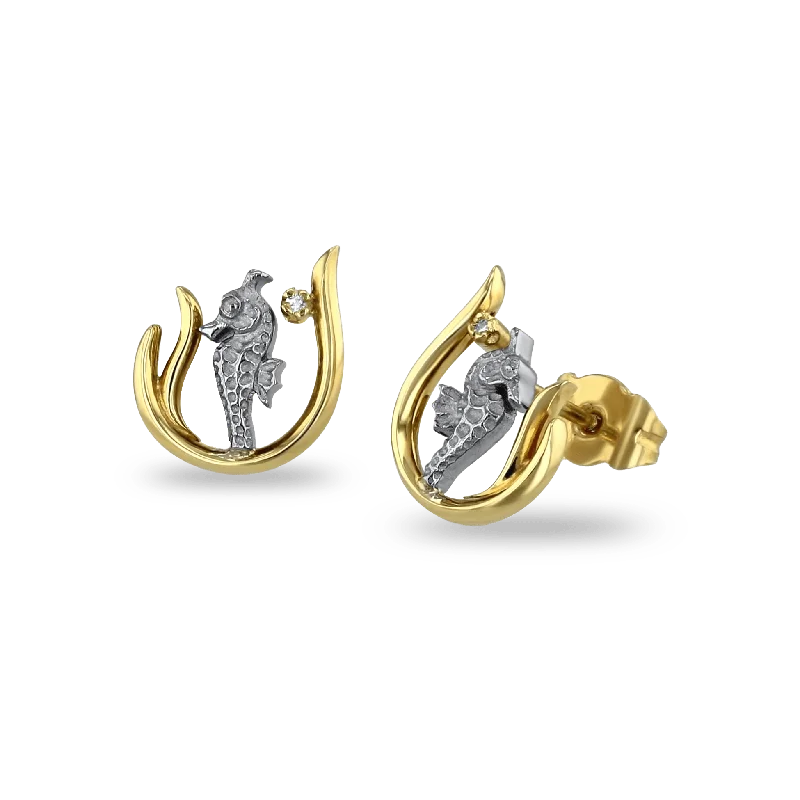 Luxury Gold Earrings for Women-Seahorse Gold & Diamond Stud Earrings