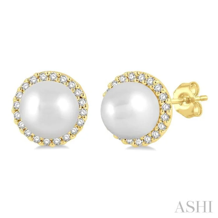 Trendy Earrings for Teens-1/8 ctw Petite 5.5MM Cultured Pearls and Round Cut Diamond Halo Fashion Stud Earring in 10K Yellow Gold