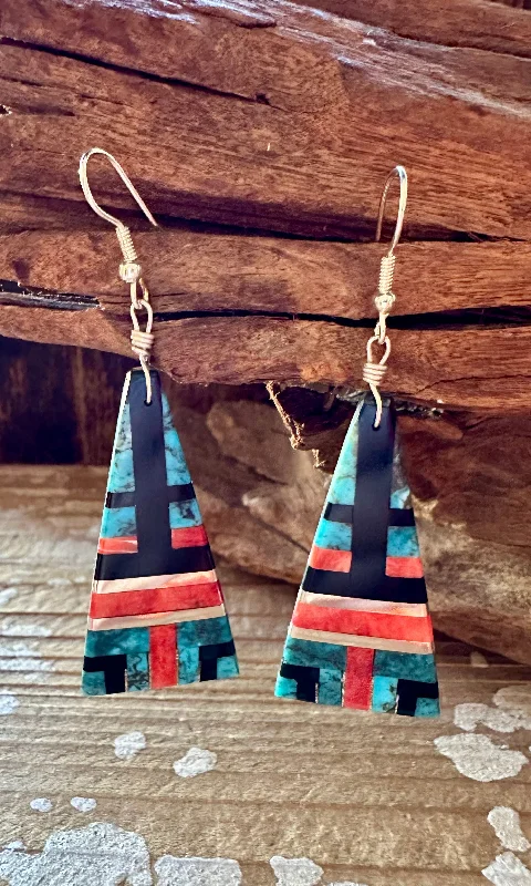 Bohemian Earrings for Fashion Lovers-TRIANGLE TURQUOISE Spiney Oyster and Jet Inlay Earrings • 14g