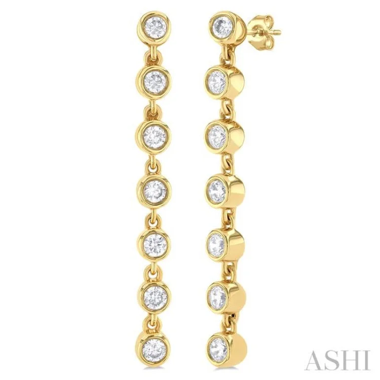 Classic Gold Earrings for Women-1/4 ctw Bezel Set Round Cut Diamond Long Tennis Earring in 14K Yellow Gold