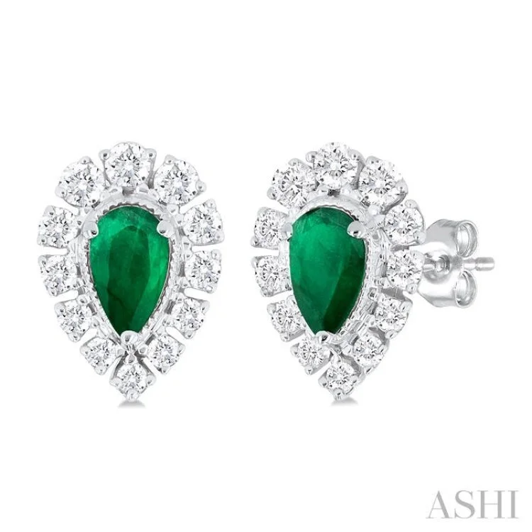 Simple Stud Earrings-1/3 ctw Pear Cut 5X3MM Emerald and Round Cut Diamond Precious Stud Earring in 14K White Gold