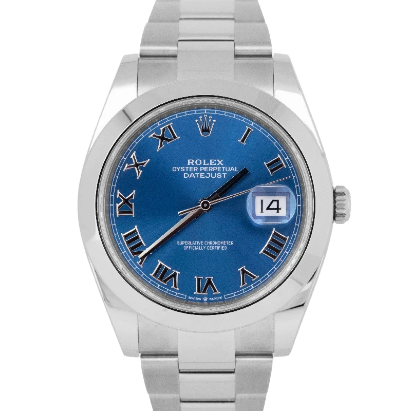 Women's Watches with Elegant Design-NEW PAPERS Rolex DateJust 41 Azzurro Blue Roman Steel Oyster Watch 126300 B+P