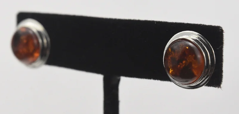 Sparkling Earrings for Special Occasions-Baltic Amber and Silver Round Stud Earrings