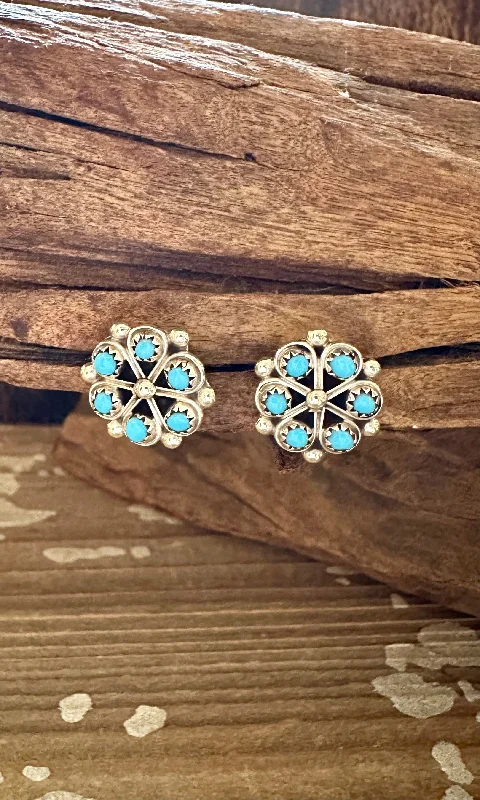 Chic Earrings for Evening Look-SMALL TURQUOISE PINWHEEL Sterling Silver Stud Earrings