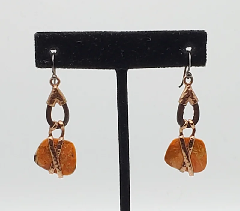 Elegant Diamond Earrings for Women-Barse - Copper, Leather and Orange Jasper Dangle Earrings