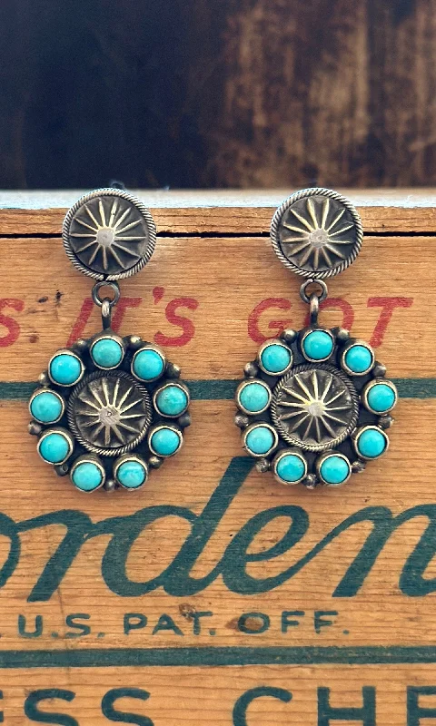 Handcrafted Silver Earrings-RUNNING BEAR Navajo Silver and Turquoise Flower Earrings