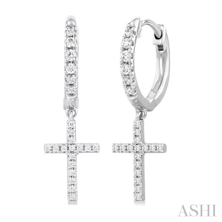 Sparkling Earrings for Bold Fashion-1/3 ctw Petite Cross Round Cut Diamond Fashion Huggies in 10K White Gold