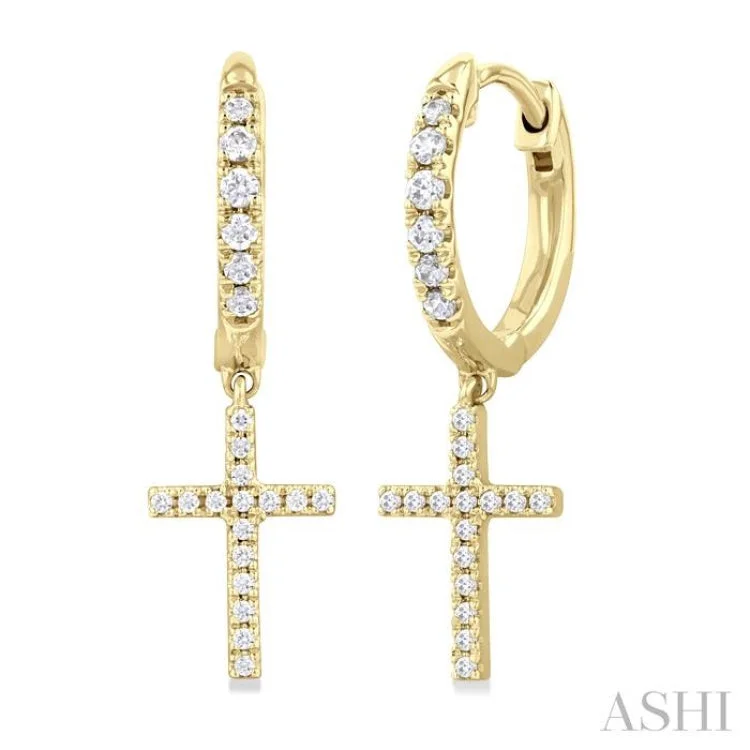 Statement Earrings for Weddings-1/3 ctw Petite Cross Round Cut Diamond Fashion Huggies in 10K Yellow Gold