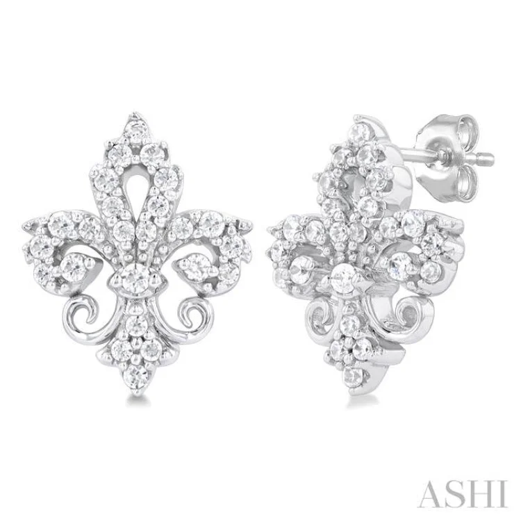 Crystal Earrings for Evening Glam-1/5 ctw Petite Fleur De Lis Round Cut Diamond Fashion Stud Earring in 10K White Gold