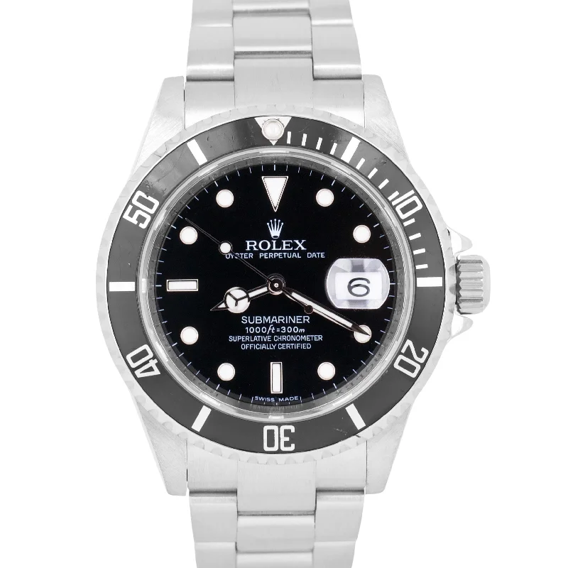 Designer Smart Watches with Fitness Features-Rolex Submariner Date Black NO-HOLES Stainless Steel REHAUT 40mm 16610 Watch