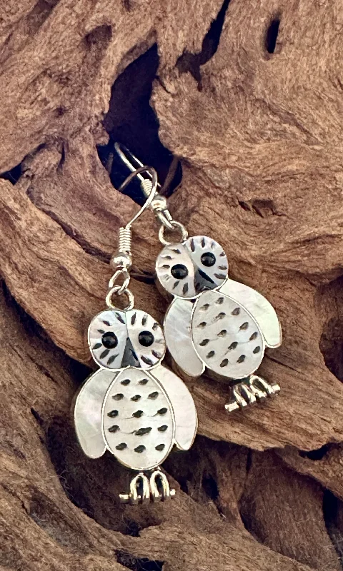 Black Diamond Earrings for Evening Wear-SNOWY OWL Regina Kallestewa Zuni  Silver Earrings