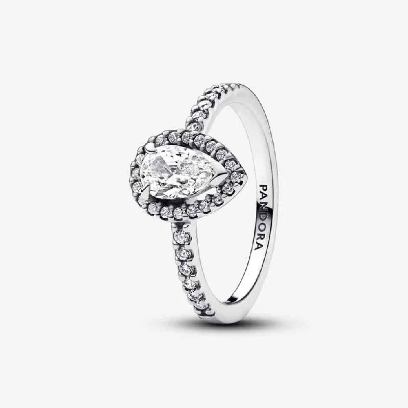 Customizable Promise Ring-PANDORA : Sparkling Pear Halo Ring in Sterling Silver