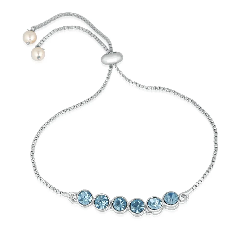 Silver Bangles for Weddings-Mahi Rhodium Plated Gleaming Blue Solitaire Crystal Adjustable Bracelet - BR1100386RBlu