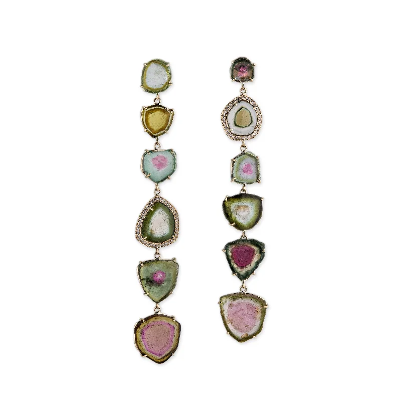 Artistic Earrings for Fashion Lovers-SINGLE PAVE WATERMELON TOURMALINE SLICE EARRINGS