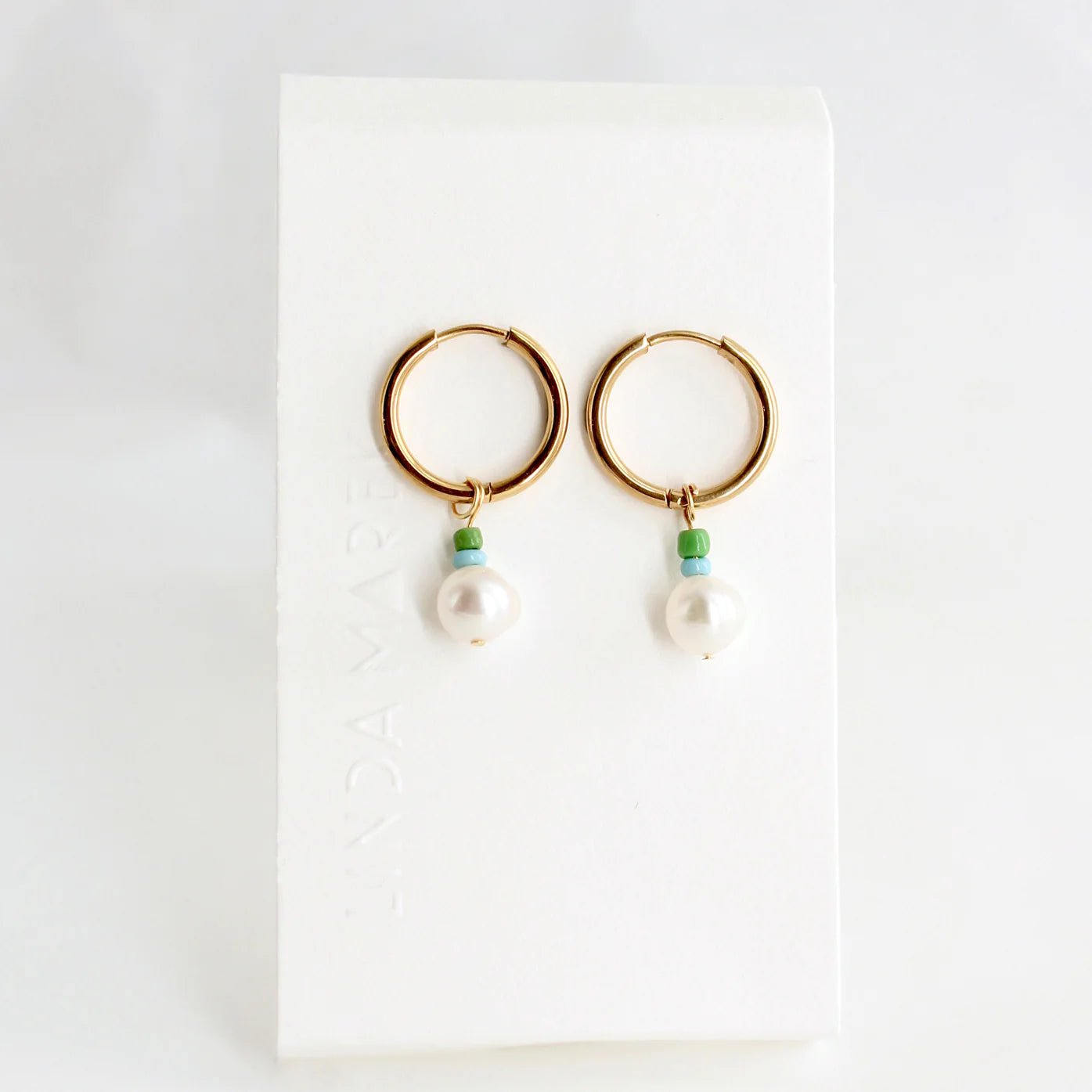 Customizable Gold Earrings-Linda Marek Designs - Green Pearl Drop Huggies