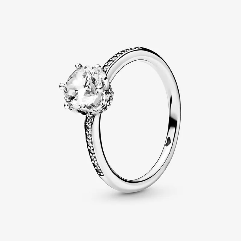 Antique Style Diamond Ring for Women-PANDORA : Clear Sparkling Crown Solitaire Ring