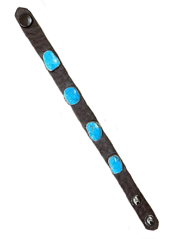 Trendy Bracelet for Daily Fashion-4 Kingman Turquoise Stones on a Leather Bracelet by Que Chula!