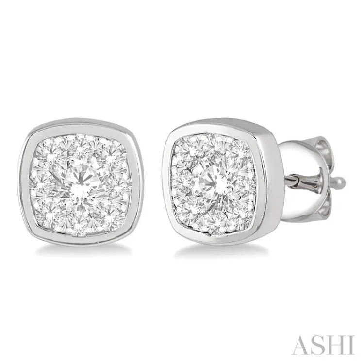 Butterfly Earrings for Girls-1/3 ctw Cushion Shape Round Cut Diamond Lovebright  Bezel Stud Earring in 14K White Gold