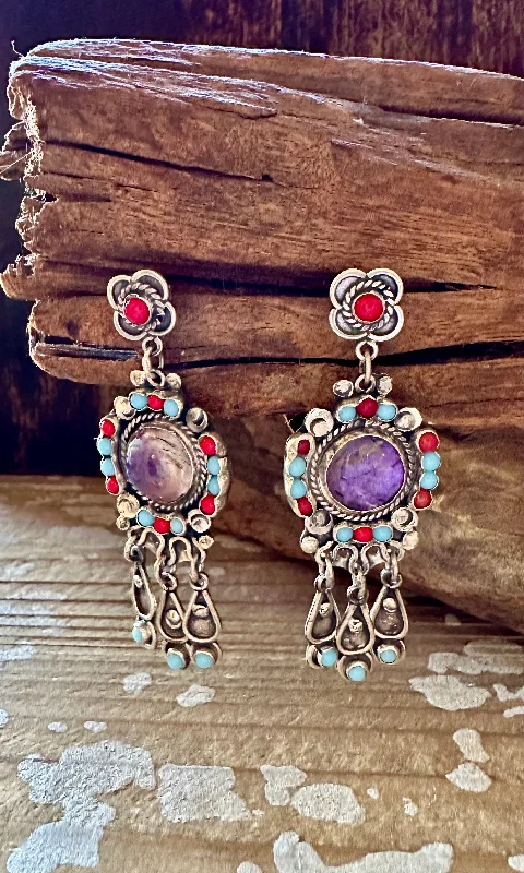 Stylish Statement Earrings-VINTAGE ESCORIA Amethyst Turquoise Coral Sterling Silver Earrings • 16g