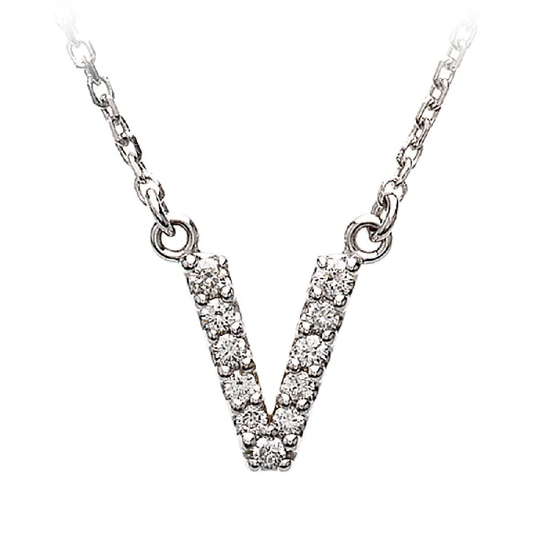 Luxury Diamond Necklace for Brides-1/8 Cttw Diamond & 14k White Gold Block Initial Necklace, Letter V