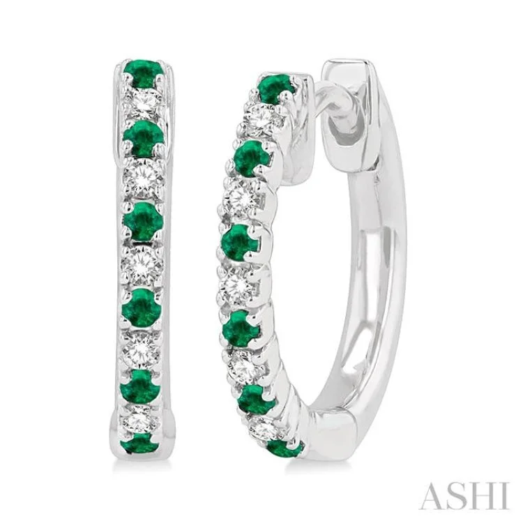 Gold Earrings for Formal Occasions-1/10 ctw Petite 1.35MM Emerald and Round Cut Diamond Precious Fashion Huggies in 10K White Gold