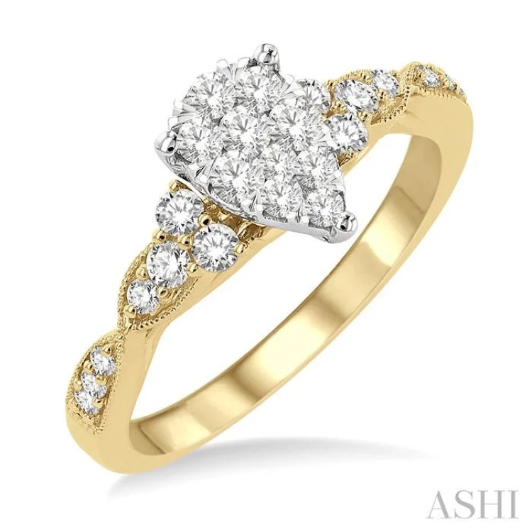 Custom Wedding Ring for Personalized Style-1/2 ctw Pear Shape Center Crisscross Carved Shank Lovebright Round Cut Diamond Engagement Ring in 14K Yellow and White gold