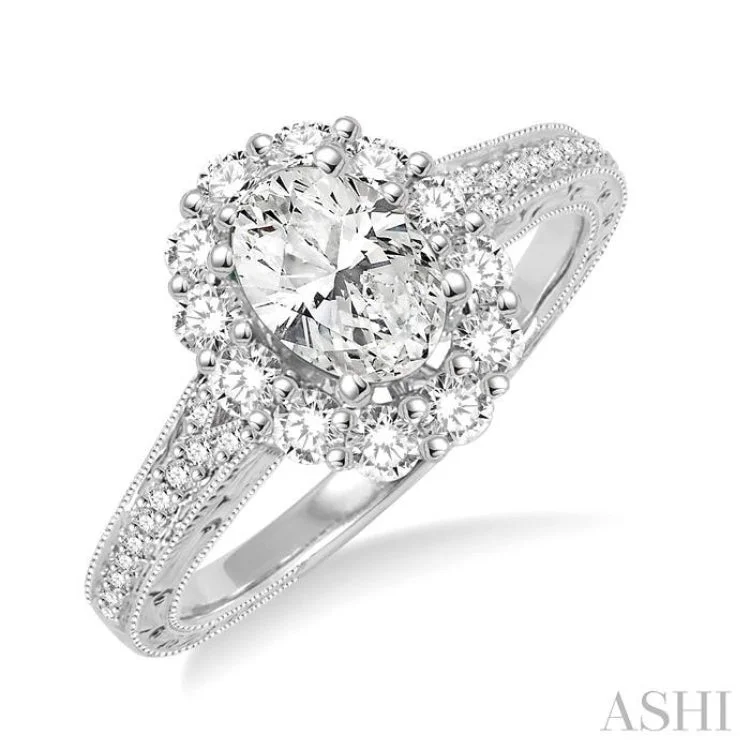 Unique Wedding Ring for Couples-1 1/6 Ctw Diamond Engagement Ring with 5/8 Ct Oval Cut Center Stone in 14K White Gold