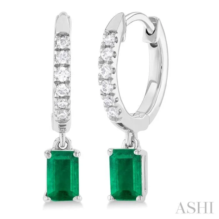 Simple Diamond Earrings-1/8 ctw Petite 5X3MM Emerald Drop and Round Cut Diamond Precious Fashion Huggies in 10K White Gold