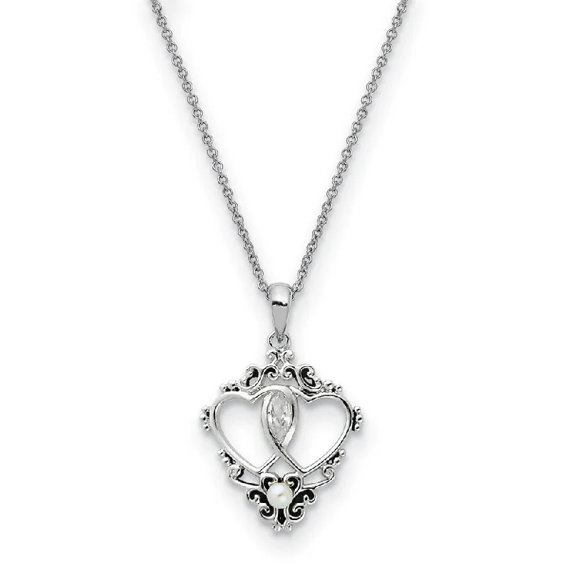 Diamond Choker Necklace for Glamour-Sterling Silver, FW Cultured Pearl & CZ Two Hearts, One Love Necklace