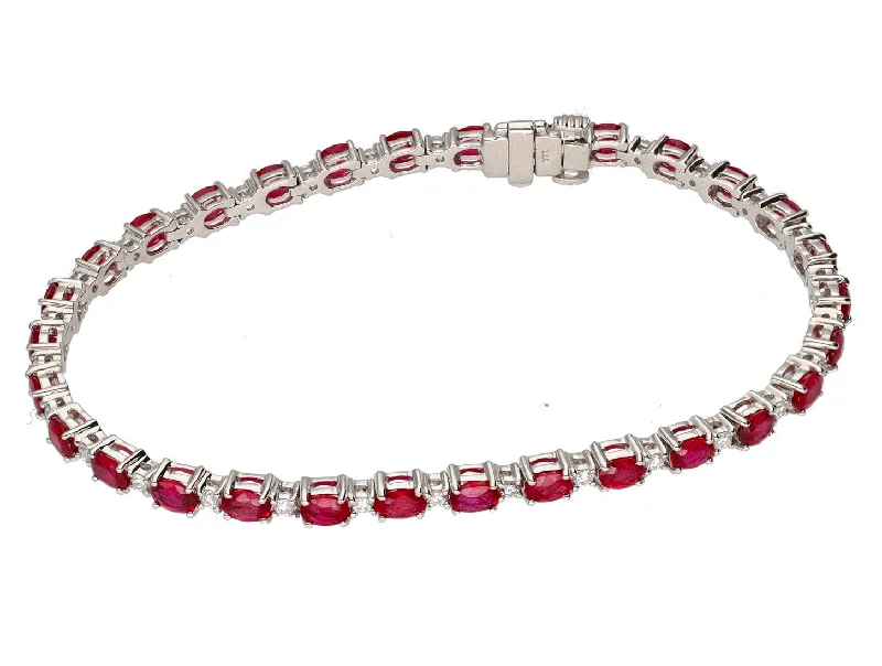 Elegant Crystal Bracelet for Weddings-18K White Gold Oval Ruby and Diamond Tennis Bracelet