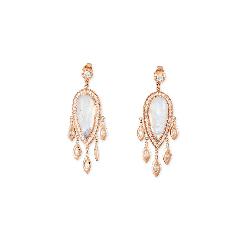 Gold Hoop Earrings-PAVE MOONSTONE TEARDROP + MARQUISE DIAMOND SHAKERS DROP EARRINGS