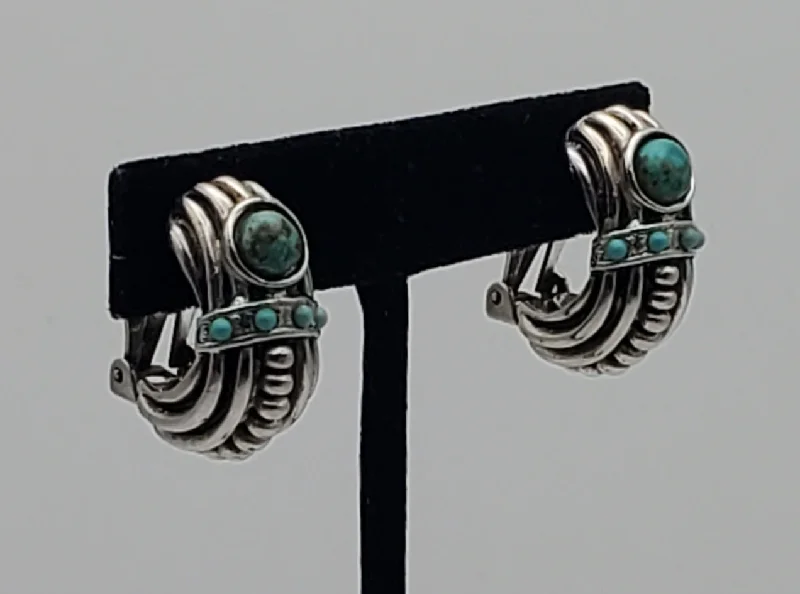 Elegant Earrings for Bridal Parties-Graziano - Vintage Turquoise Cabochon Half Hoop Clip-On Earrings