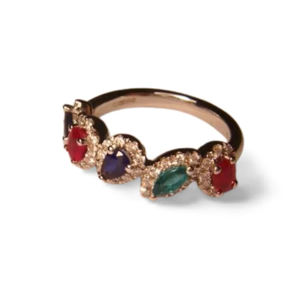 Luxury Ring with Gold and Diamonds-Gorgeous 18K White Gold Ruby Sapphire Emerald Diamond Band Ring