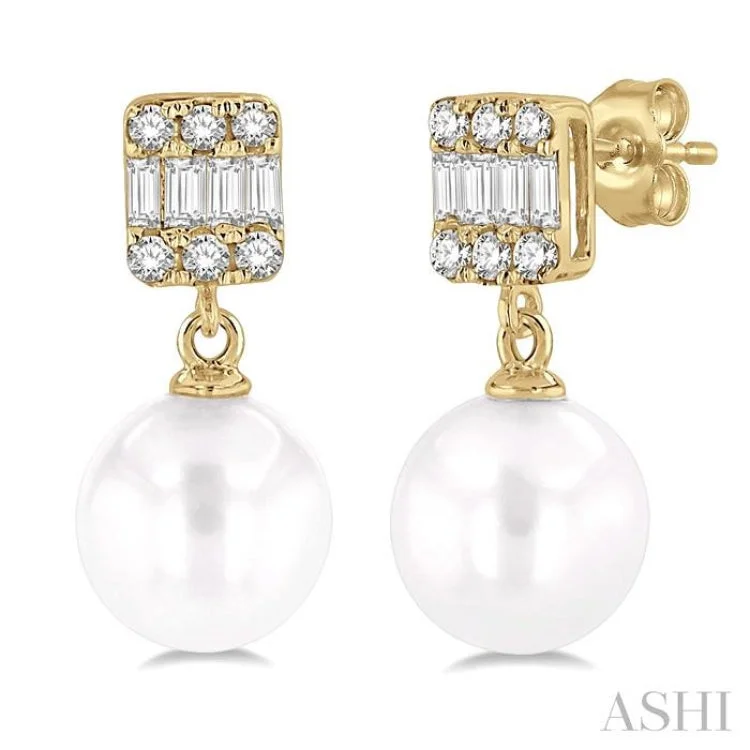 Chic Gold Earrings for Women-1/10 ctw 6x6MM Cultured Pearls, Baguette and Round Cut Diamond Earring in 10K Yellow Gold