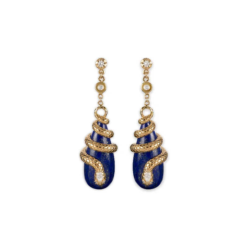 Elegant Earrings for Bridal Parties-DIAMOND SNAKE WRAPPED LAPIS DROPLET EARRINGS