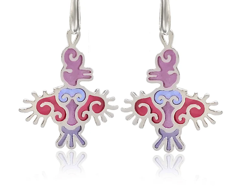 Long Silver Earrings-Tribal colorful bird earrings