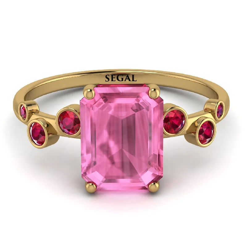 Women’s Wedding Ring with Emerald-Emerald Cut Pink Moissanite Ring With Bezel - Alina No. 810