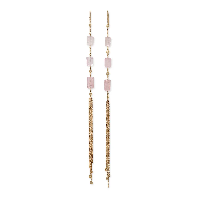 Stylish Drop Earrings for Casual Wear-ROSE QUARTZ TUBE + DIAMOND SHOWER TASSEL EARRINGS