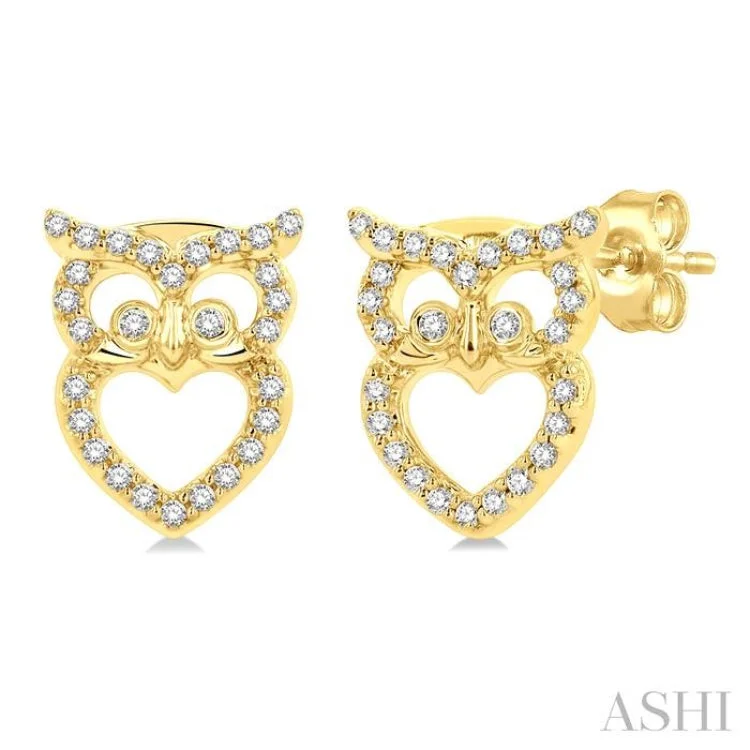 Beaded Earrings for Women-1/6 ctw Petite Owl Round Cut Diamond Fashion Stud Earring in 10K Yellow Gold